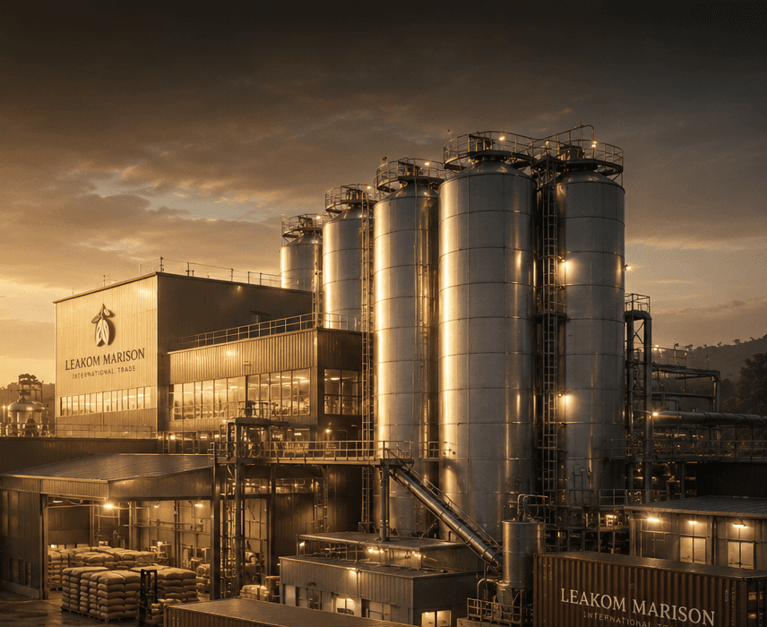 Leakom Marison cocoa-powder facility at dusk